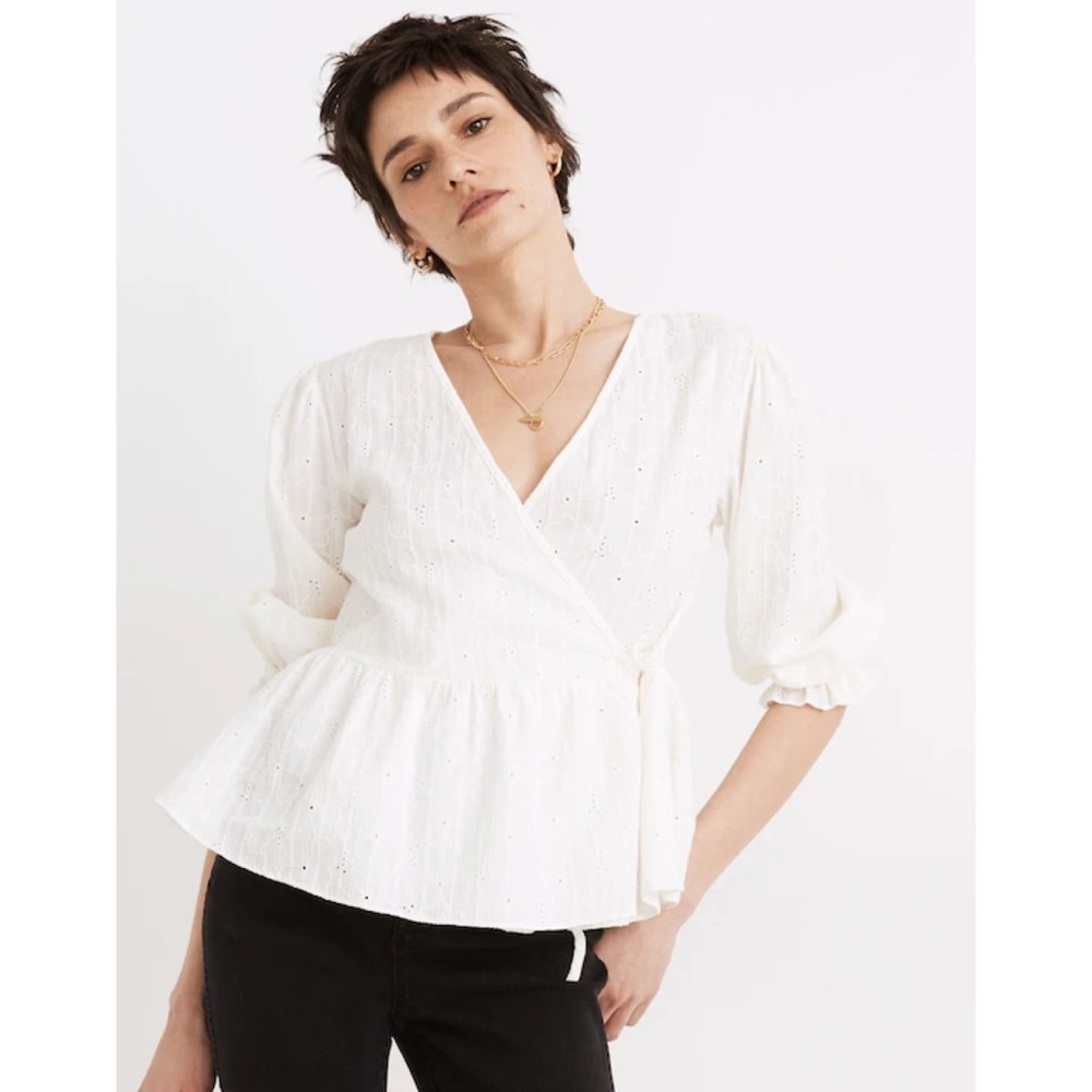 Madewell White Eyelet Wrap Peplum Blouse